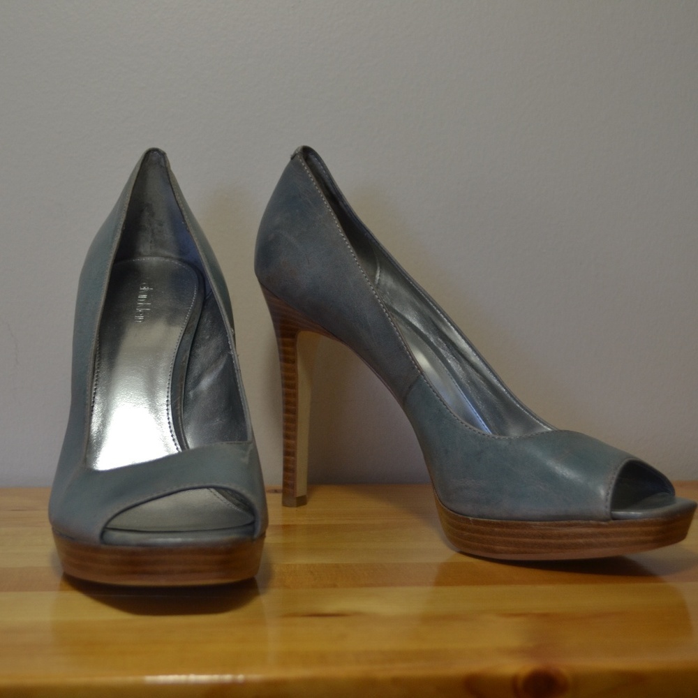 Calvin Klein Cora peep-toe heels in blue/gray.